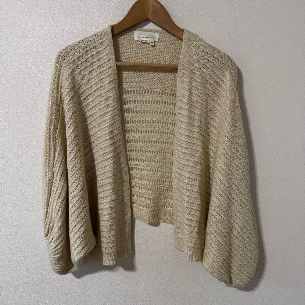 Anthropologie Bubble Dolman Sleeve Pointelle Knit Slouchy Crop Cardigan Ivory-OS